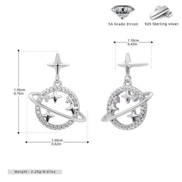 S925 Sterling Silver Hollow Planet Earrings With Inlaid Zircon And Star Design