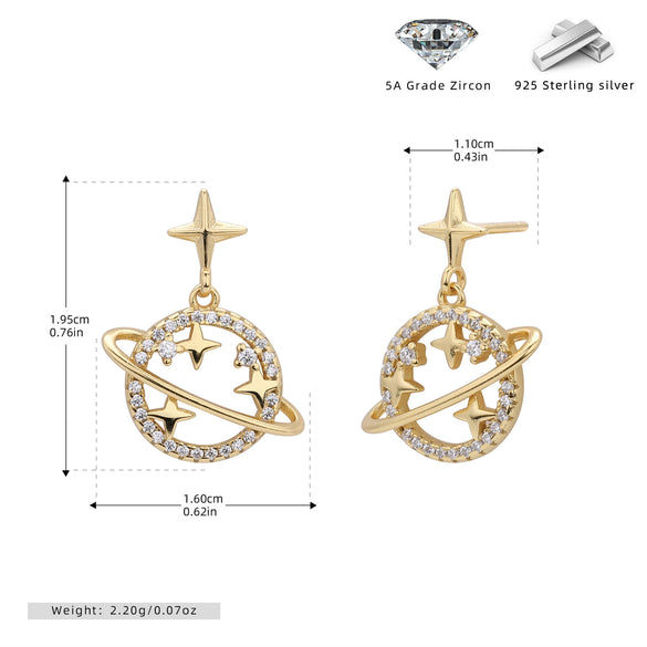 S925 Sterling Silver Hollow Planet Earrings With Inlaid Zircon And Star Design