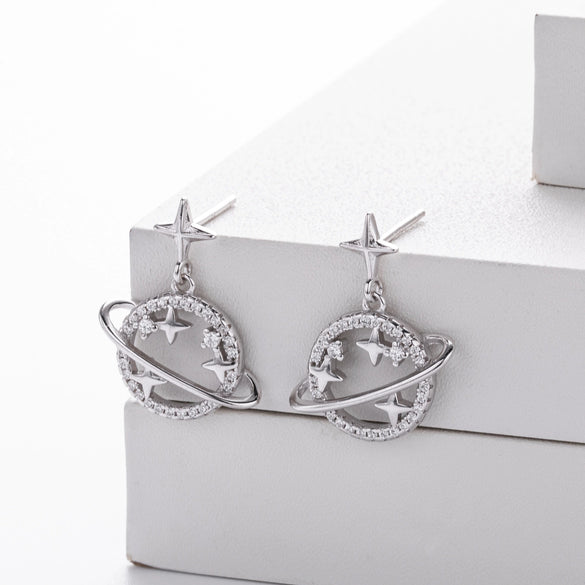S925 Sterling Silver Hollow Planet Earrings With Inlaid Zircon And Star Design