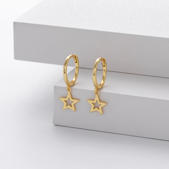 S925 Sterling Silver Hoop Earrings With Hollow Fivepointed Star Pendant For Women Simple Style