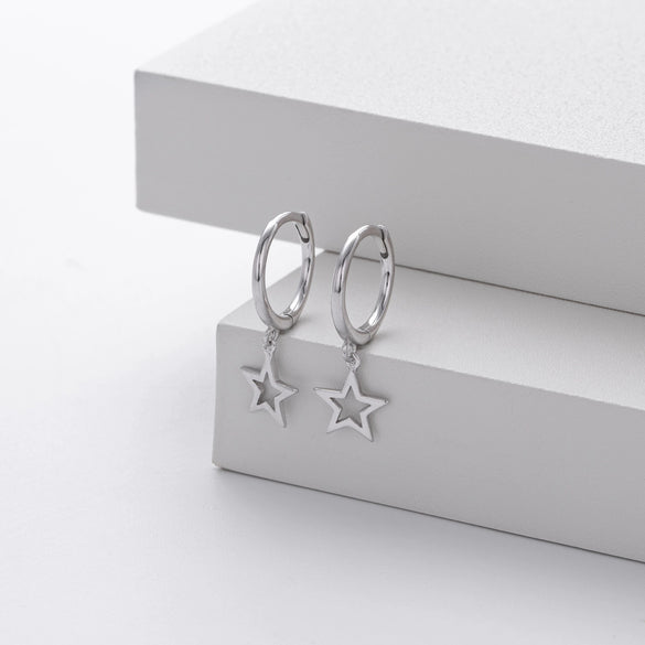 S925 Sterling Silver Hoop Earrings With Hollow Fivepointed Star Pendant For Women Simple Style