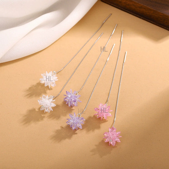 S925 Sterling Silver Ice Flower Ear Line Earrings Elegant Long Tassel Dangle Floral Earrings For Women