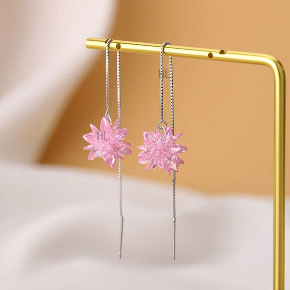S925 Sterling Silver Ice Flower Ear Line Earrings Elegant Long Tassel Dangle Floral Earrings For Women