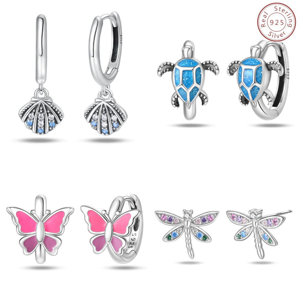 S925 Sterling Silver Insects Dragonfly Butterfly Turtle Earrings Electroplated