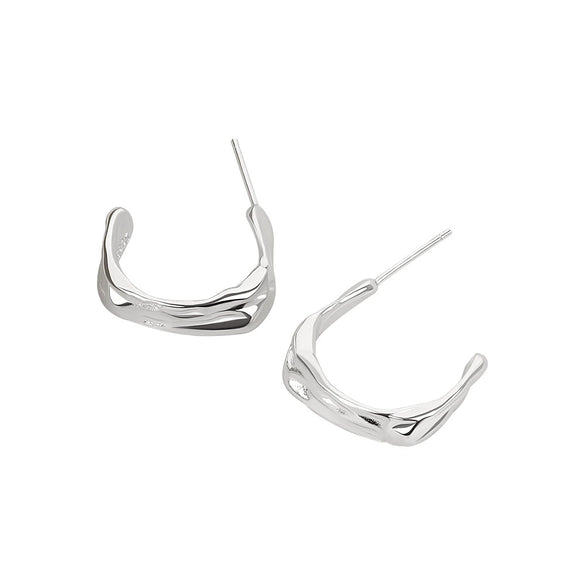 S925 Sterling Silver Irregular Geometric C Shaped Pleated Earrings With Electroplated Finish For Women
