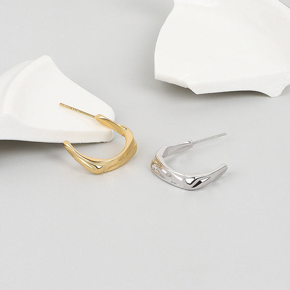 S925 Sterling Silver Irregular Geometric C Shaped Pleated Earrings With Electroplated Finish For Women