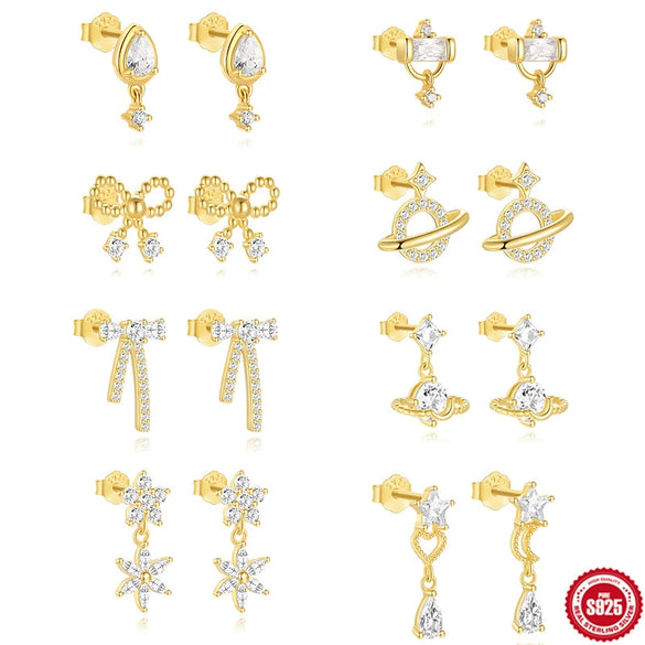 S925 Sterling Silver Irregular Ladder Square Geometric Bow Water Drop Zircon Electroplated Minimalist Women's Drop Earrings
