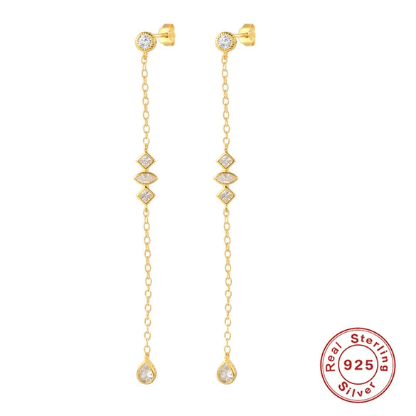S925 Sterling Silver Irregular Tassel Chain Water Drops Horse Eyes With Diamond Geometric Earrings Electroplated