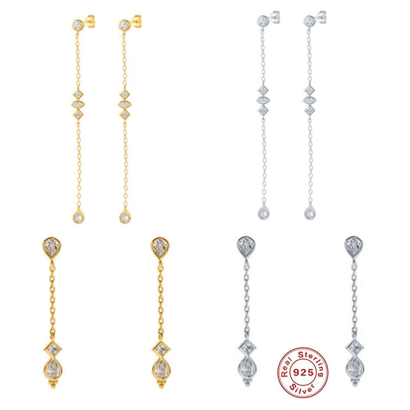 S925 Sterling Silver Irregular Tassel Chain Water Drops Horse Eyes With Diamond Geometric Earrings Electroplated
