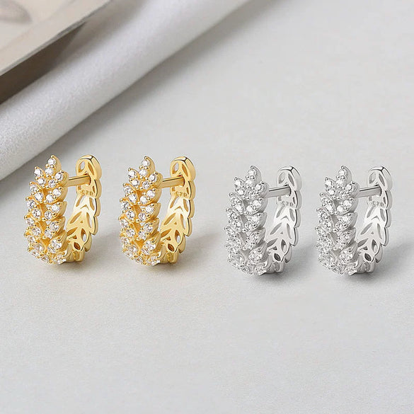 S925 Sterling Silver Light Luxury Geometric Wheat Ear Stud Earrings For Women With Full Diamond Look Small Fragrance Style