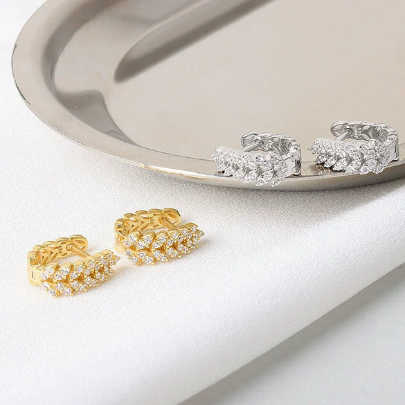 S925 Sterling Silver Light Luxury Geometric Wheat Ear Stud Earrings For Women With Full Diamond Look Small Fragrance Style