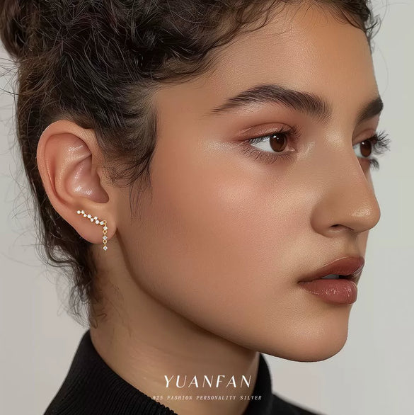 S925 Sterling Silver Light Luxury Geometric Zirconia Insert Ear Clip Women's Fashion Tassel Earrings