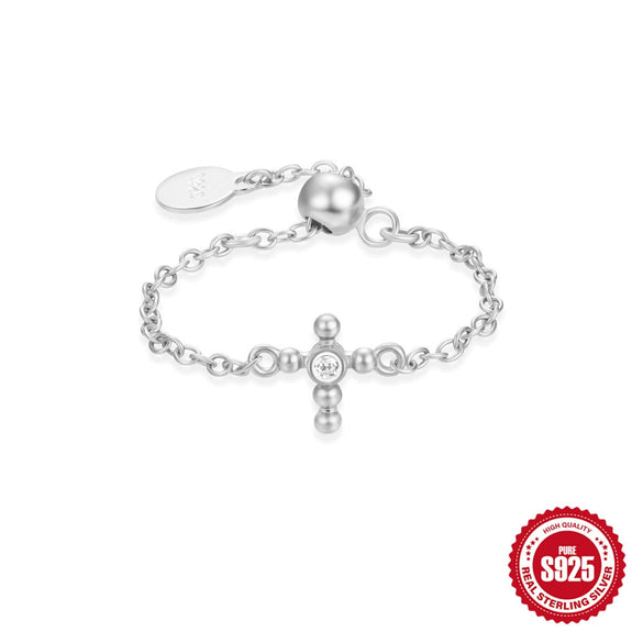 S925 Sterling Silver Light Luxury Single Row Diamond Cross Adjustable Ring With Geometric Pattern And Electroplating Treatment For Women