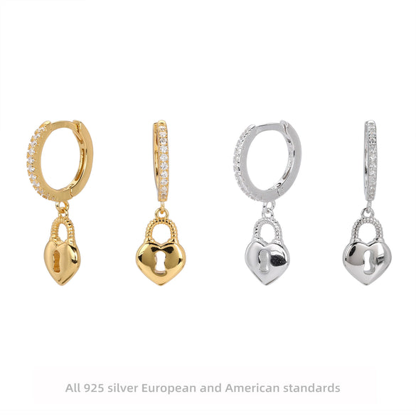 S925 Sterling Silver Lock Inlaid Stone Fashion Earrings For Women