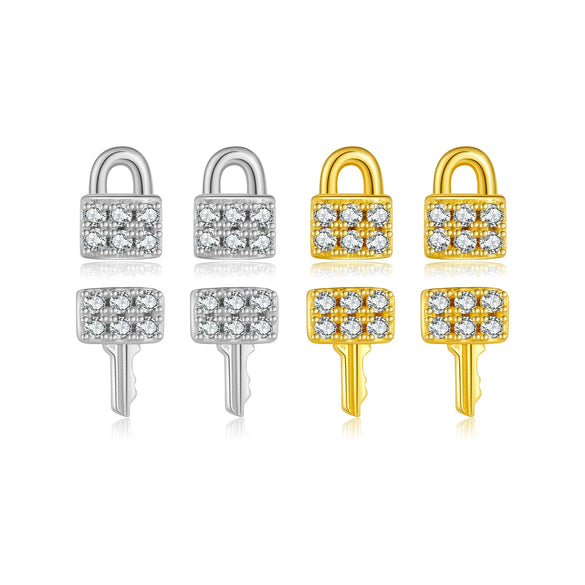 S925 Sterling Silver Lock Key Earrings Microinlaid Zircon Electroplated Platinum 18K Gold Fashion Unisex
