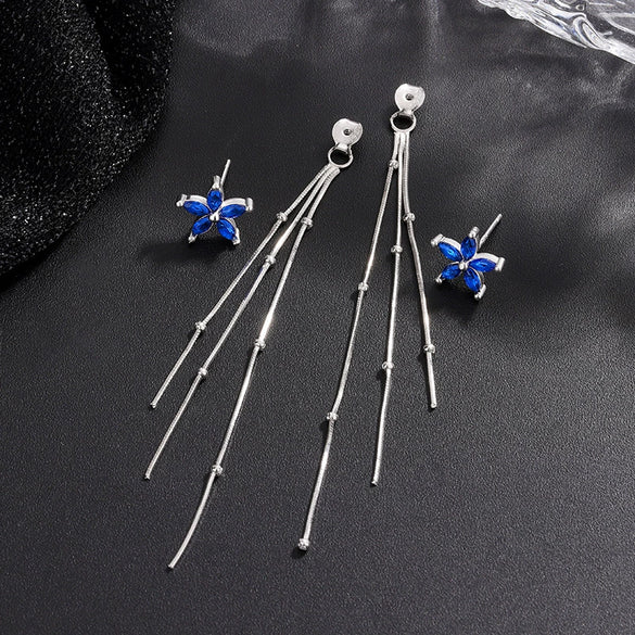 S925 Sterling Silver Long Ear Wire Blue Zircon Flower Tassel Earrings Light Luxury Versatile Floral Earrings For Women