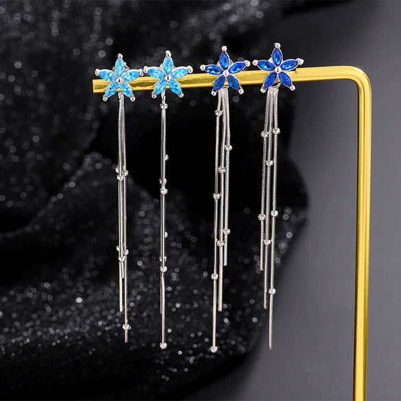 S925 Sterling Silver Long Ear Wire Blue Zircon Flower Tassel Earrings Light Luxury Versatile Floral Earrings For Women