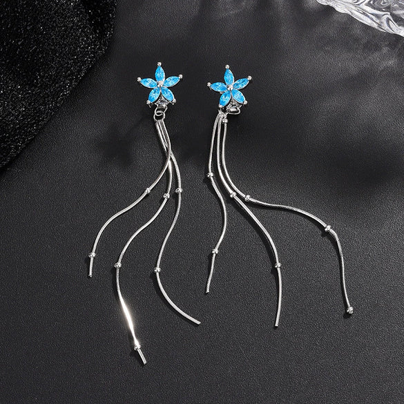 S925 Sterling Silver Long Ear Wire Blue Zircon Flower Tassel Earrings Light Luxury Versatile Floral Earrings For Women