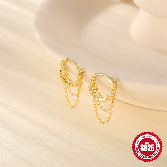 S925 Sterling Silver Long Tassel Chain Earrings For Women With Geometric Design And Electroplating