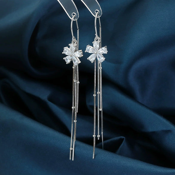 S925 Sterling Silver Long Tassel Drop Earrings With Floral Design Elegant Light Luxury Dangle Earrings For Women