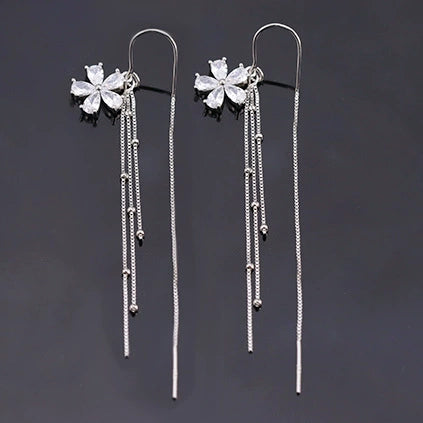 S925 Sterling Silver Long Tassel Drop Earrings With Floral Design Elegant Light Luxury Dangle Earrings For Women