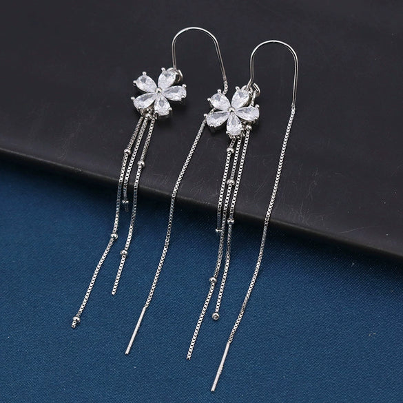 S925 Sterling Silver Long Tassel Drop Earrings With Floral Design Elegant Light Luxury Dangle Earrings For Women