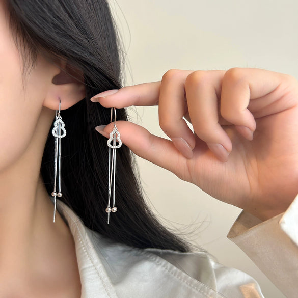 S925 Sterling Silver Long Tassel Drop Earrings With Round Bead And Gourd Hook Minimalist Geometric Retro Style Women's Earrings