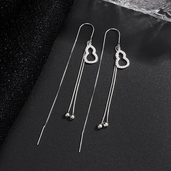 S925 Sterling Silver Long Tassel Drop Earrings With Round Bead And Gourd Hook Minimalist Geometric Retro Style Women's Earrings