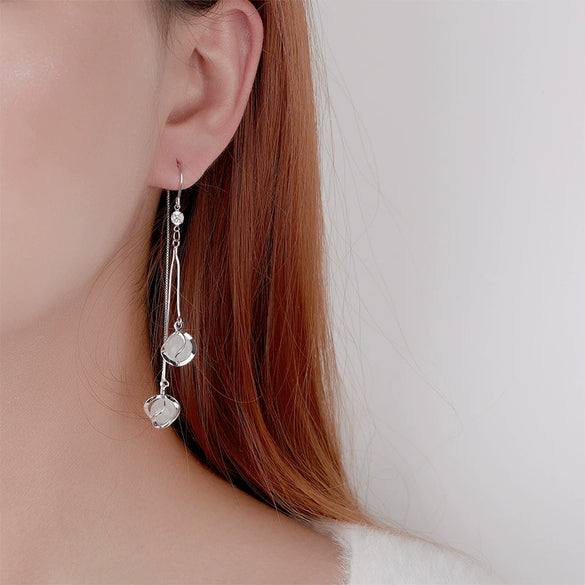 S925 Sterling Silver Long Tassel Earrings For Women Light Luxury Twist Cat's Eye Ear Thread Dangle Earrings With Geometric Design