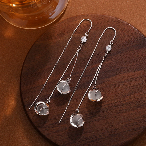 S925 Sterling Silver Long Tassel Earrings For Women Light Luxury Twist Cat's Eye Ear Thread Dangle Earrings With Geometric Design