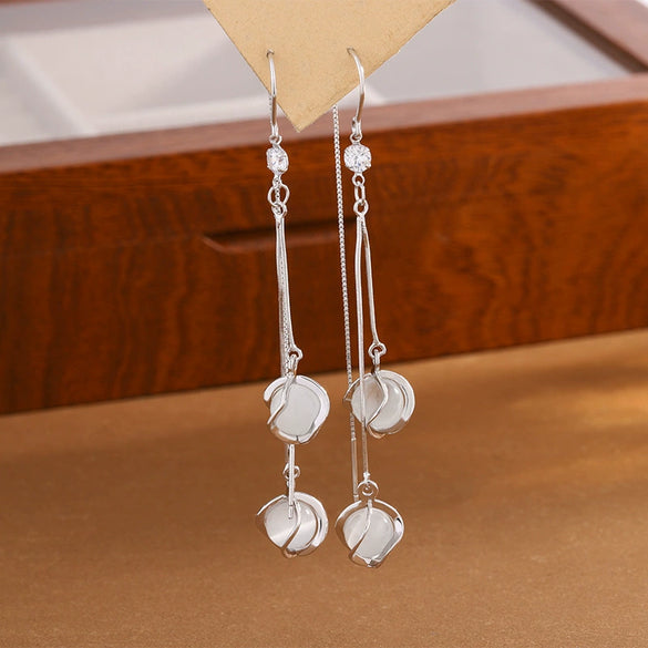 S925 Sterling Silver Long Tassel Earrings For Women Light Luxury Twist Cat's Eye Ear Thread Dangle Earrings With Geometric Design