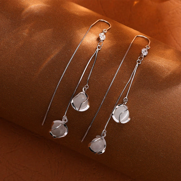 S925 Sterling Silver Long Tassel Earrings For Women Light Luxury Twist Cat's Eye Ear Thread Dangle Earrings With Geometric Design