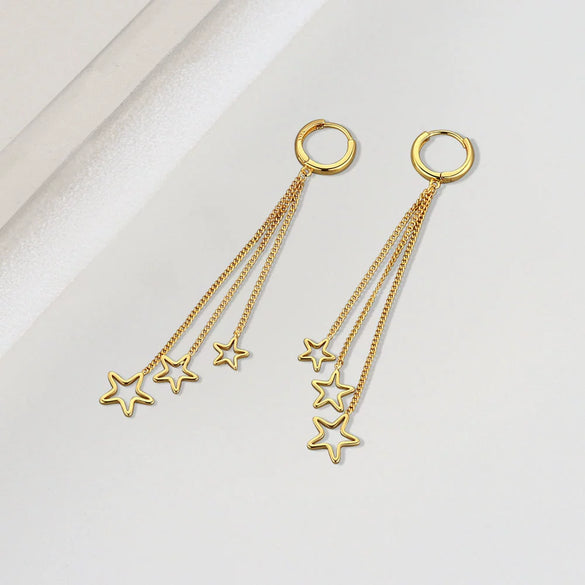 S925 Sterling Silver Long Tassel Earrings For Women With Gold Plated Star Geometric Design Elegant Sweet Drop Earrings