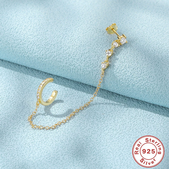 S925 Sterling Silver Long Tassel Elegant Wave Pattern Nonhole Ear Clip Single Diamond Earrings
