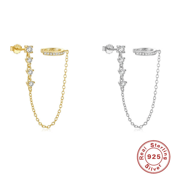 S925 Sterling Silver Long Tassel Elegant Wave Pattern Nonhole Ear Clip Single Diamond Earrings