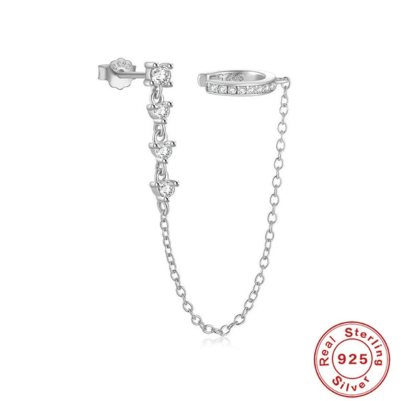 S925 Sterling Silver Long Tassel Elegant Wave Pattern Nonhole Ear Clip Single Diamond Earrings