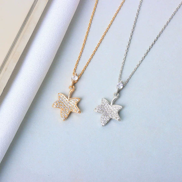 S925 Sterling Silver Maple Leaf Pendant Necklace With Cross Chain Electroplated Light Luxury Clavicle Chain For Women