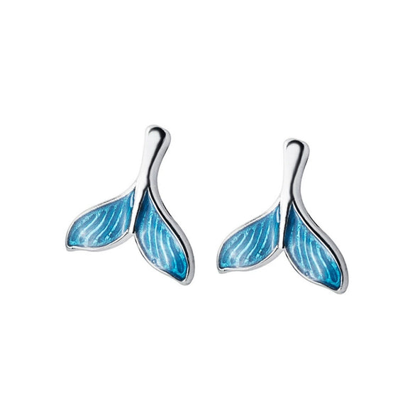 S925 Sterling Silver Mermaid Tail Animal Earrings For Women Simple Electroplated Cute Blue Stud Earrings