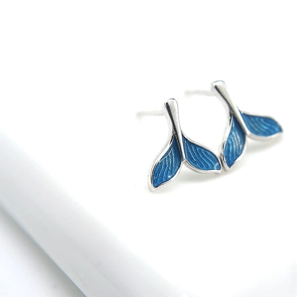 S925 Sterling Silver Mermaid Tail Animal Earrings For Women Simple Electroplated Cute Blue Stud Earrings