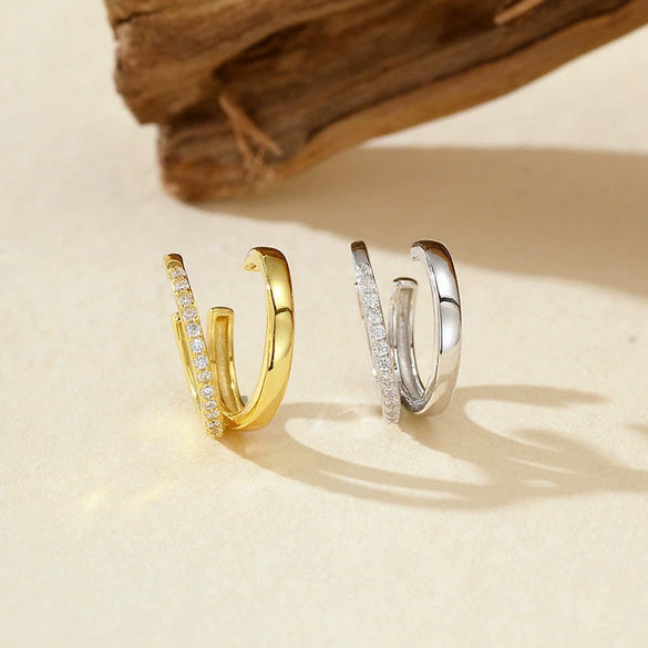 S925 Sterling Silver Microinlaid Geometric Doublelayer Ear Clip Unisex Earrings Without Ear Holes