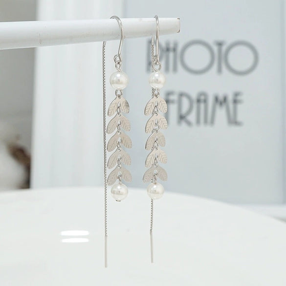 S925 Sterling Silver Mimosa Flower Long Tassel Drop Earrings With Wheat Pearl Geometric Design For Women