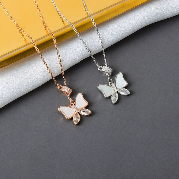 S925 Sterling Silver Mother Of Pearl Butterfly Pendant Necklace With Cross Chain Simple Fashion Clavicle Jewelry For Women