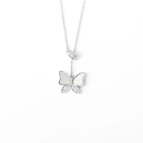 S925 Sterling Silver Mother Of Pearl Butterfly Pendant Necklace With Cross Chain Simple Fashion Clavicle Jewelry For Women