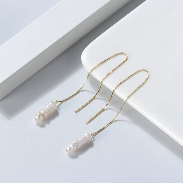 S925 Sterling Silver Natural Freshwater Baroque Pearl Box Chain Geometric Earrings For Women