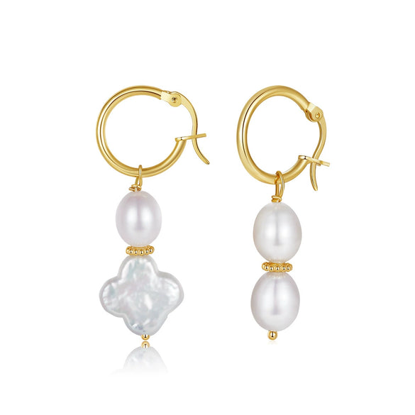S925 Sterling Silver Natural Freshwater Pearl Geometric Earrings Electroplated
