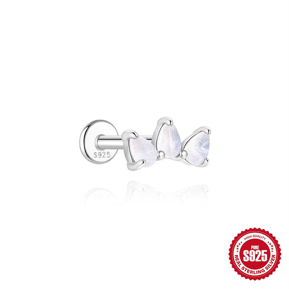 S925 Sterling Silver Natural Moonstone Bezel Set Flat Head Piercing Earrings With Flower Pattern Electroplated For Women