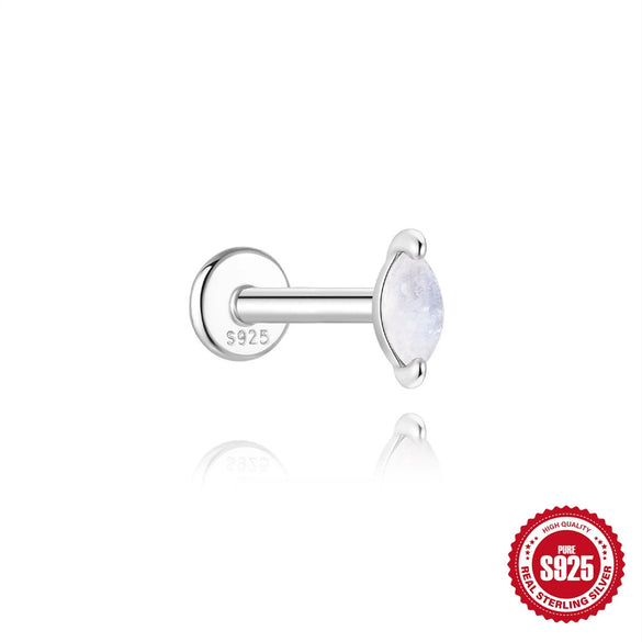 S925 Sterling Silver Natural Moonstone Bezel Set Flat Head Piercing Earrings With Flower Pattern Electroplated For Women