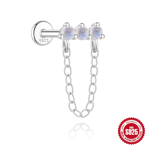 S925 Sterling Silver Natural Moonstone Bezel Set Flat Head Piercing Earrings With Flower Pattern Electroplated For Women