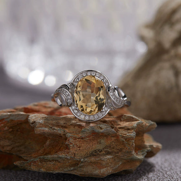 S925 Sterling Silver Natural Topaz Yellow Amethyst Colored Gemstone Ring Leaves Pattern Old Style Unisex Jewelry