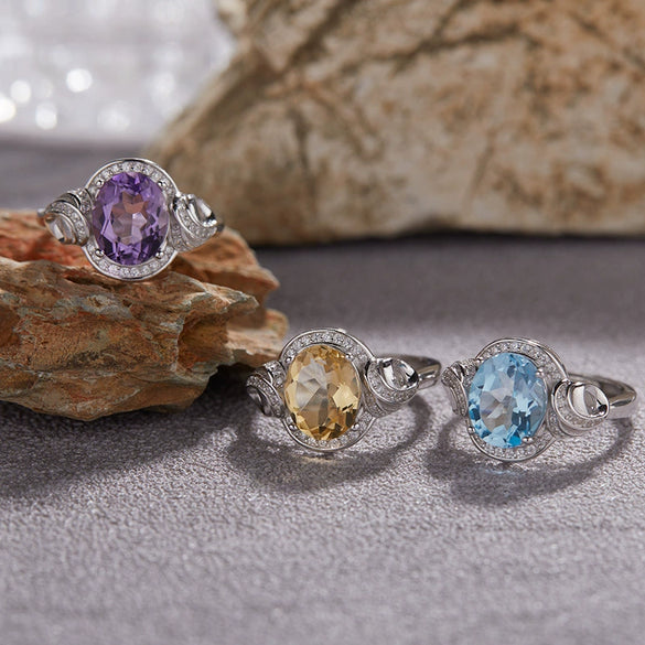 S925 Sterling Silver Natural Topaz Yellow Amethyst Colored Gemstone Ring Leaves Pattern Old Style Unisex Jewelry